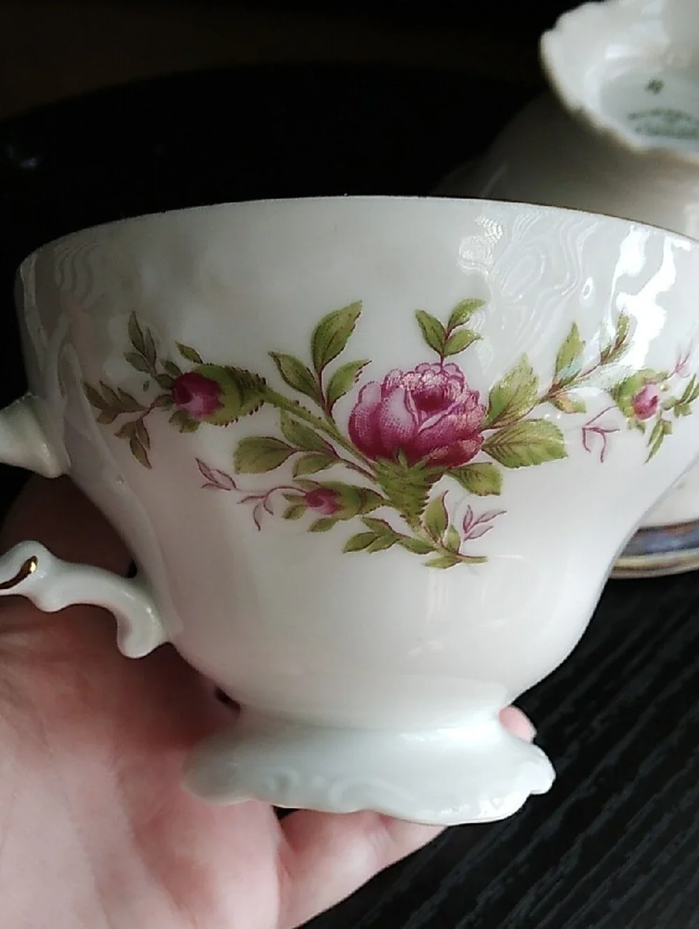 Johann Haviland Vintage White Porcelain Teacups with Pink Rose Motif Gold Trim
